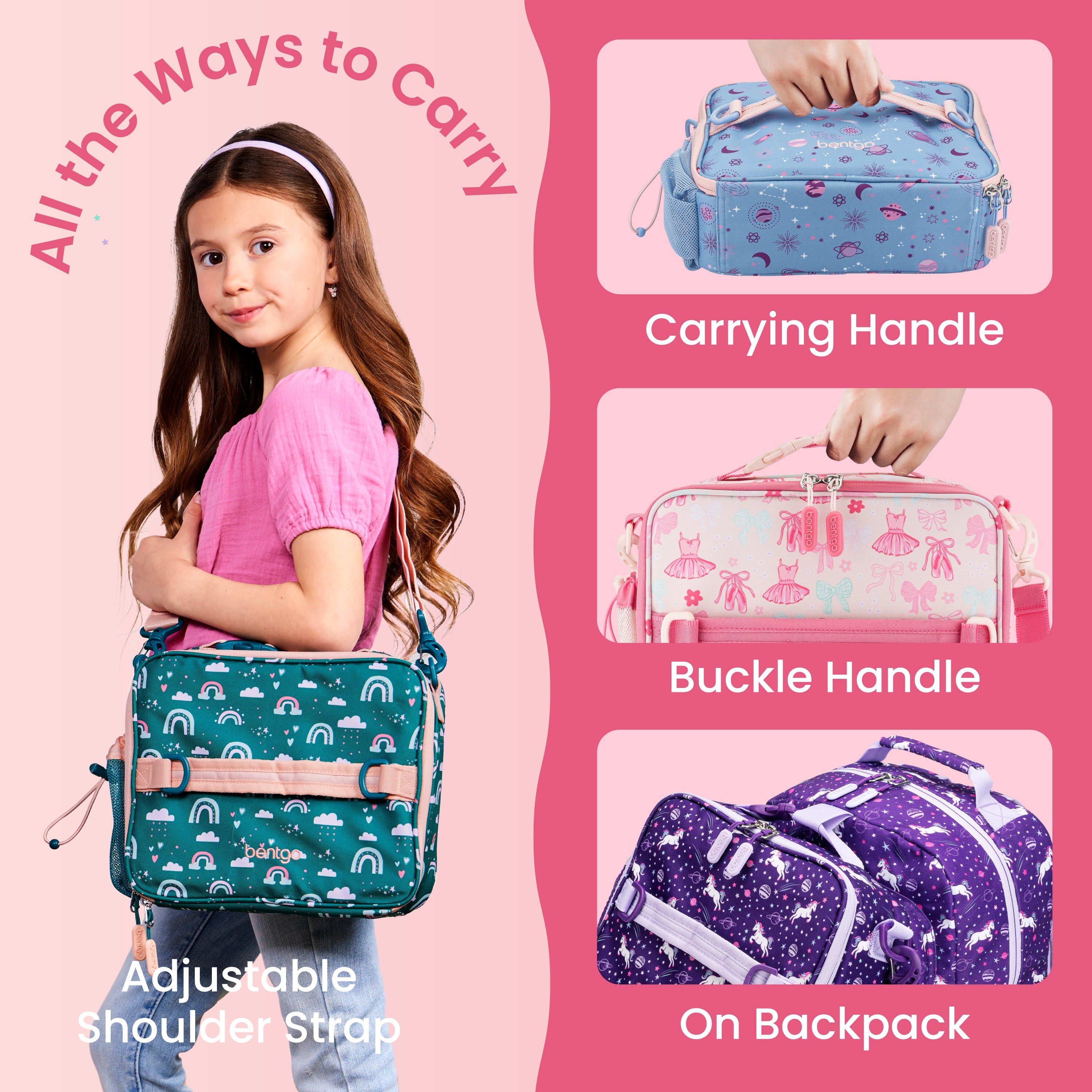 Bentgo Kids Prints Lunch Bag - Ballet and Bows | All The Ways To Carry - Carrying Handle, Buckle Handle, On Backpack, And Adjustable Shoulder Strap