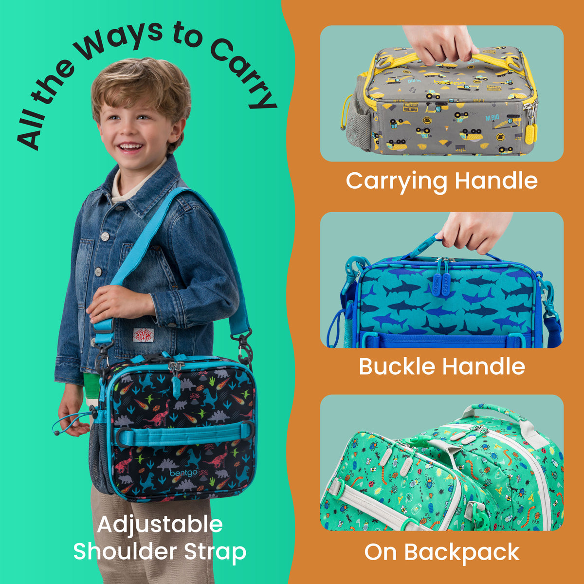 Bentgo® Kids Prints Lunch Bag - Bug Buddies | All The Ways To Carry - Carrying Handle, Buckle Handle, and On Backpack