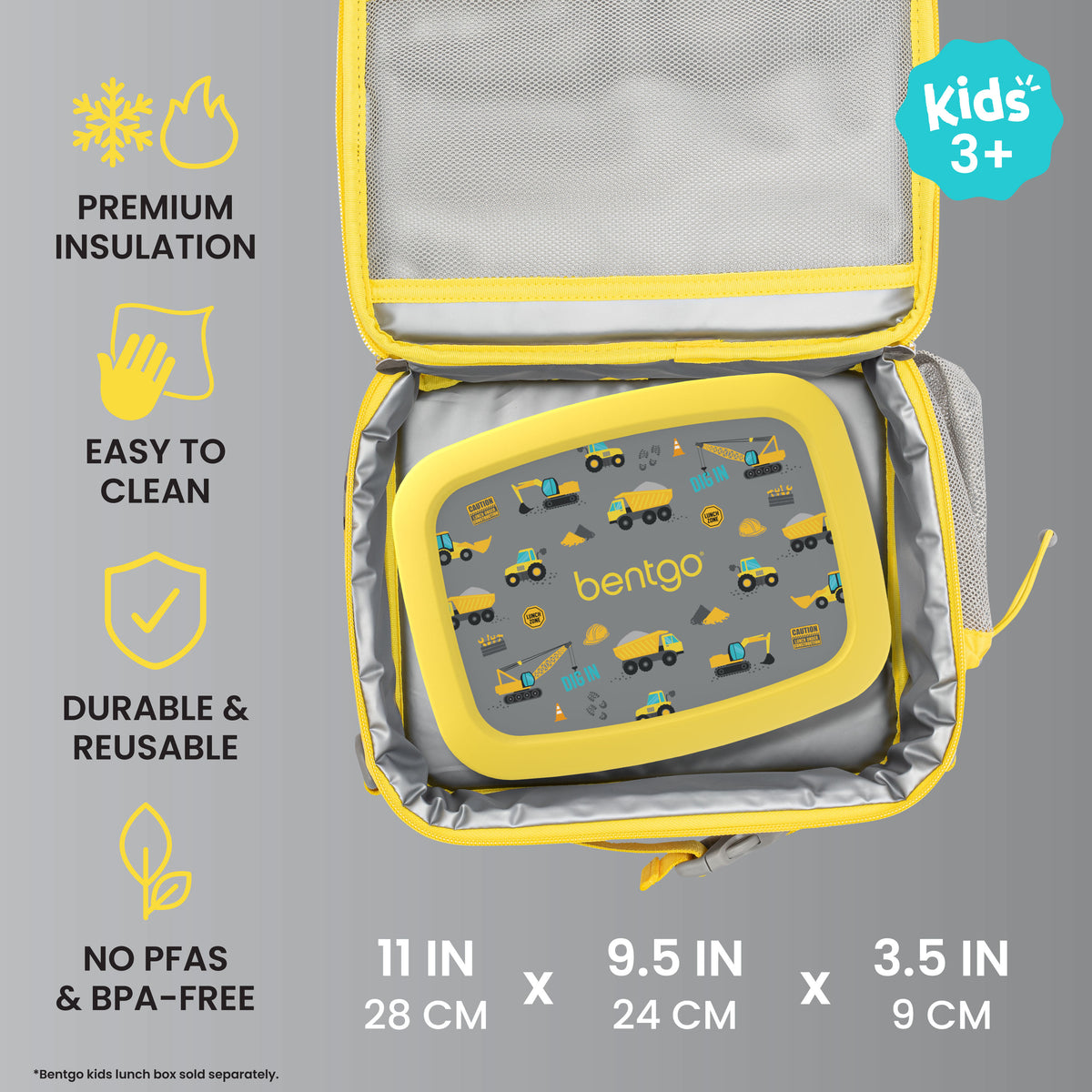 Bentgo® Kids Prints Lunch Bag - Construction Trucks | Premium Insulation, Easy To Clean, Durable & Reusable, and No PFAs & BPA-Free | Product Dimensions