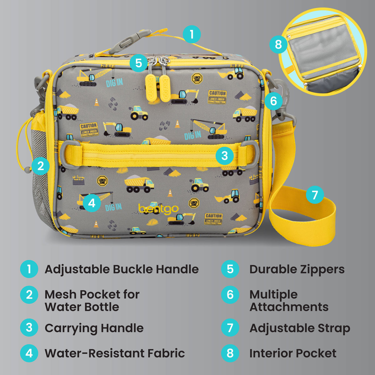 Bentgo® Kids Prints Lunch Bag - Construction Trucks | Adjustable Buckle Handle, Mesh Pocket for Water Bottle, Carrying Handle, Water-Resistant Fabric, Durable Zippers, Multiple Attachments, Adjustable Strap, and Interior Pocket
