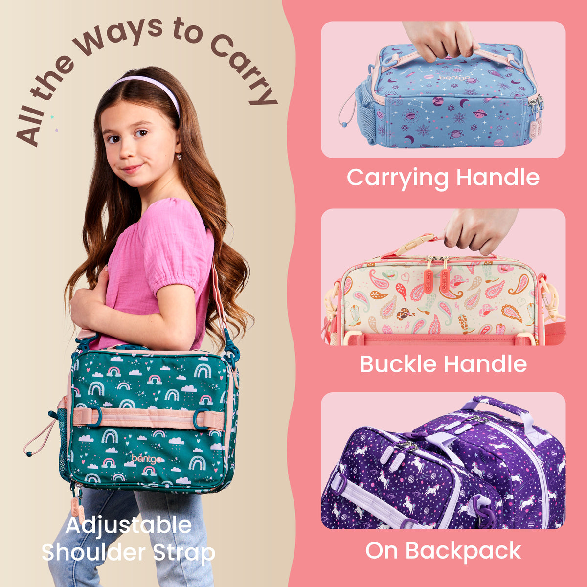 Bentgo® Kids Prints Lunch Bag - Cowgirl Dreams | All The Ways To Carry - Carrying Handle, Buckle Handle, and On Backpack
