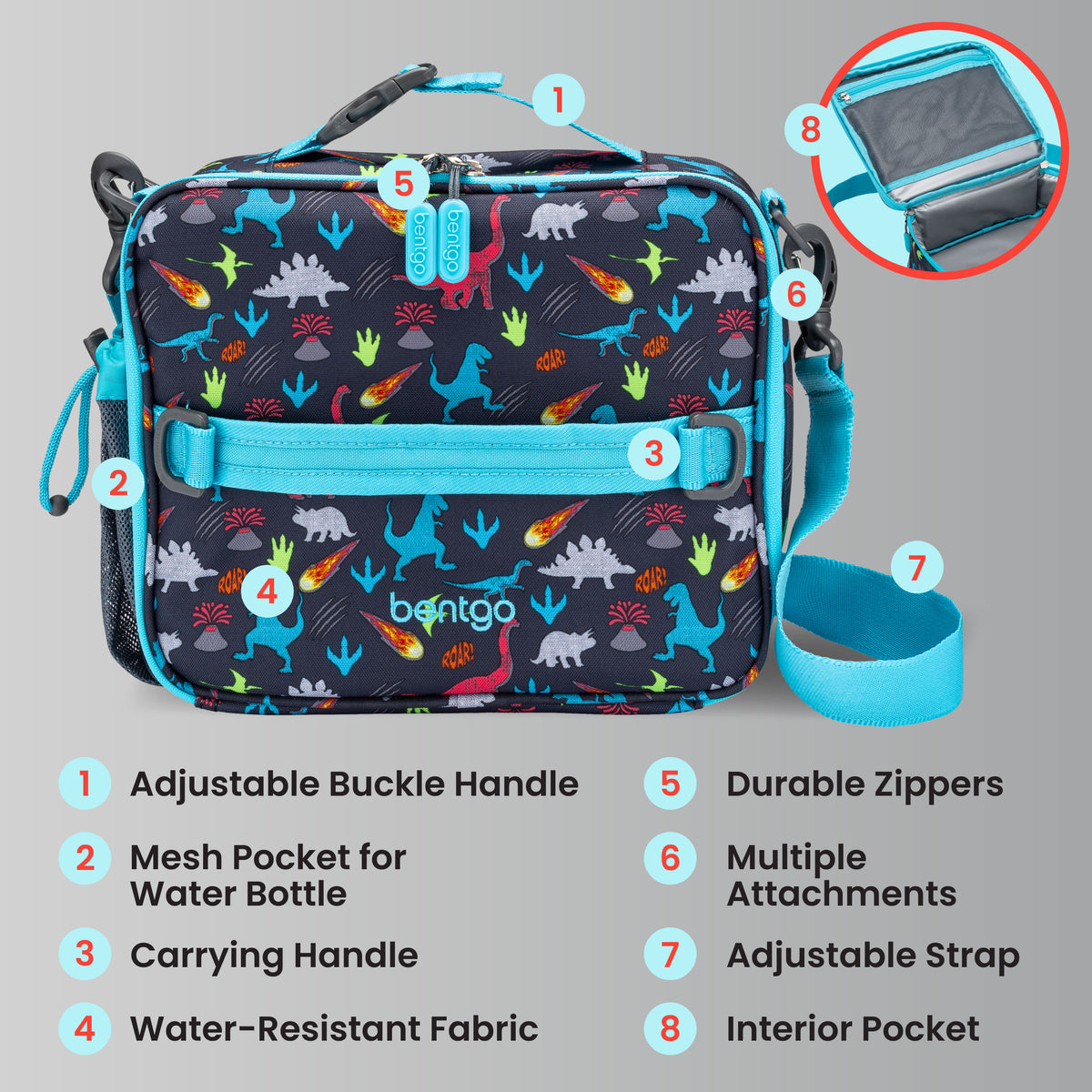 Bentgo® Kids Prints Lunch Bag - Dinosaur | Adjustable Buckle Handle, Mesh Pocket for Water Bottle, Carrying Handle, Water-Resistant Fabric, Durable Zippers, Multiple Attachments, Adjustable Strap, and Interior Pocket