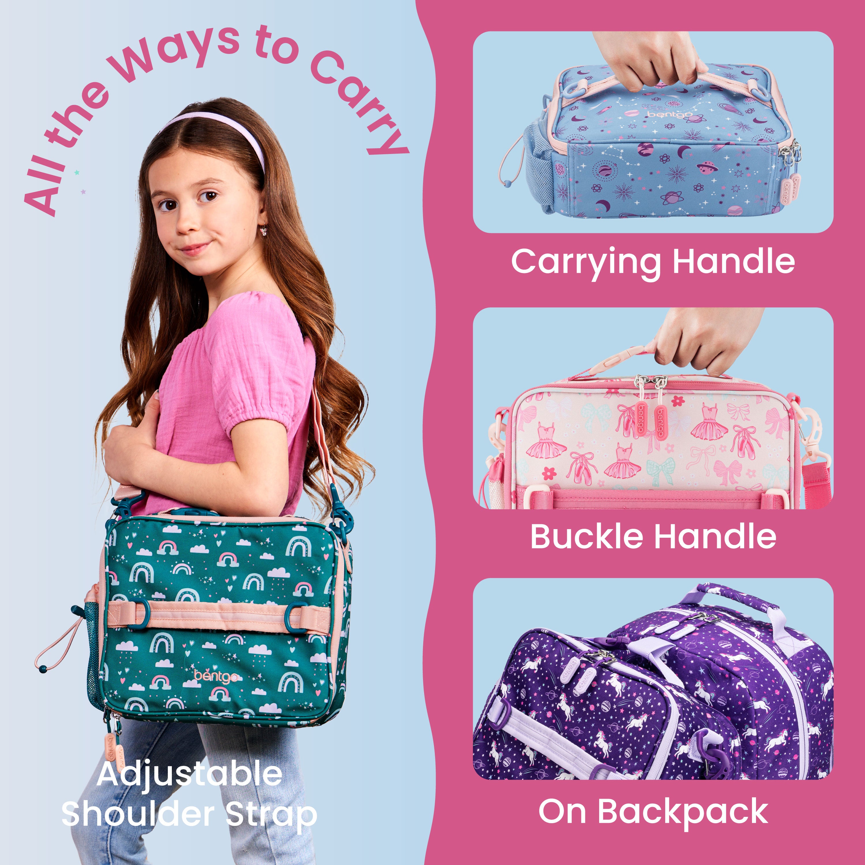 Bentgo Kids Prints Lunch Bag - Blooming Floral | All The Ways To Carry - Carrying Handle, Buckle Handle, On Backpack, And Adjustable Shoulder Strap