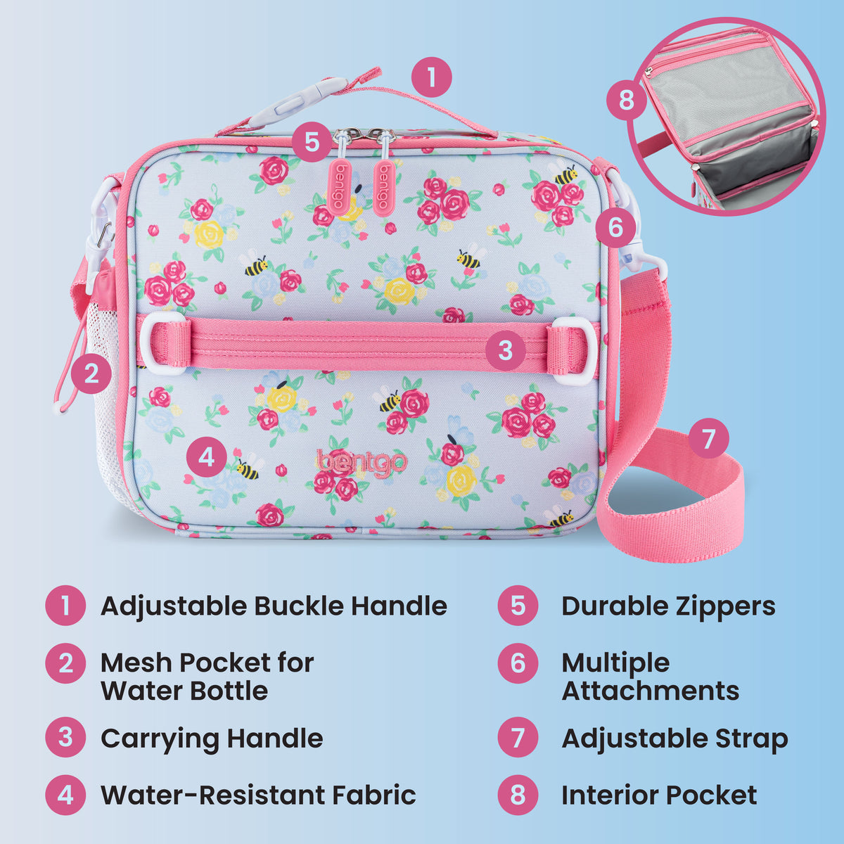 Bentgo® Kids Prints Lunch Bag - Blooming Floral | Adjustable Buckle Handle, Mesh Pocket for Water Bottle, Carrying Handle, Water-Resistant Fabric, Durable Zippers, Multiple Attachments, Adjustable Strap, and Interior Pocket
