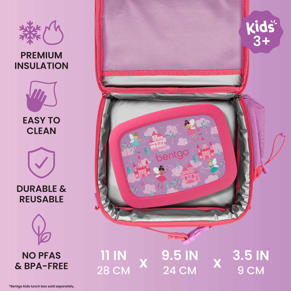 Bentgo® Kids Prints Lunch Bag - Fairies | Premium Insulation, Easy To Clean, Durable & Reusable, and No PFAs & BPA-Free | Product Dimensions
