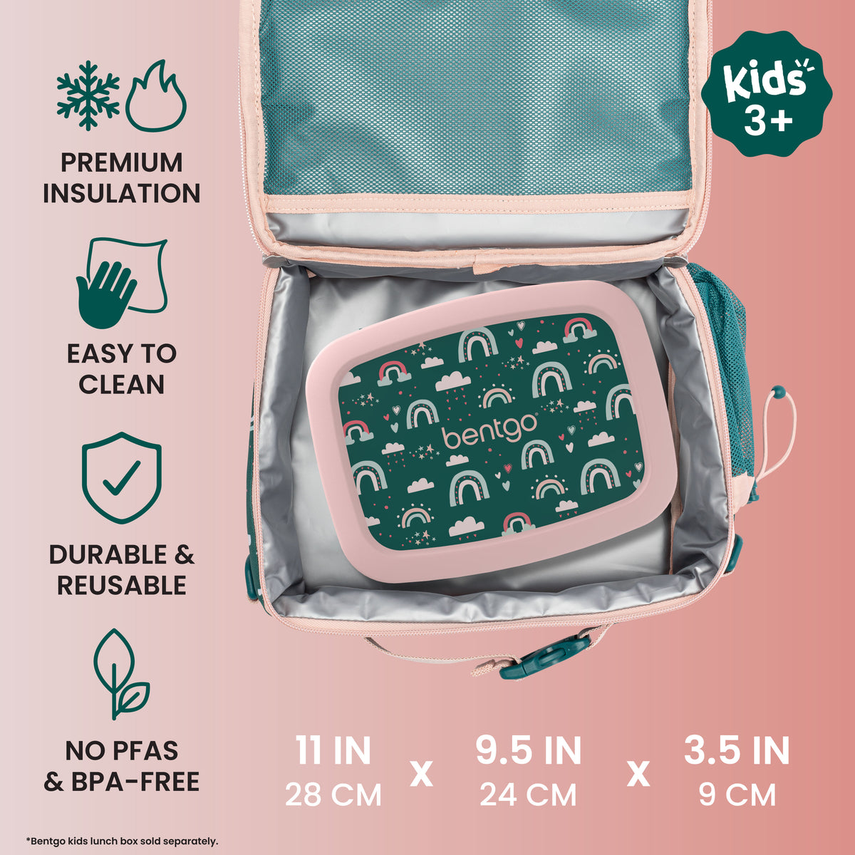 Bentgo® Kids Prints Lunch Bag - Green Rainbow | Premium Insulation, Easy To Clean, Durable & Reusable, and No PFAs & BPA-Free | Product Dimensions