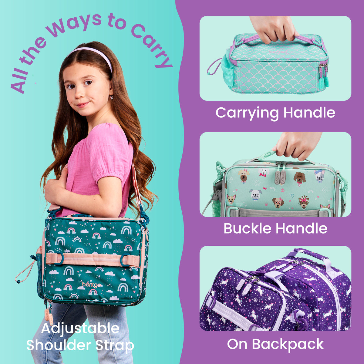 Bentgo® Kids Prints Lunch Bag - Mermaid Scales | All The Ways To Carry - Carrying Handle, Buckle Handle, and On Backpack