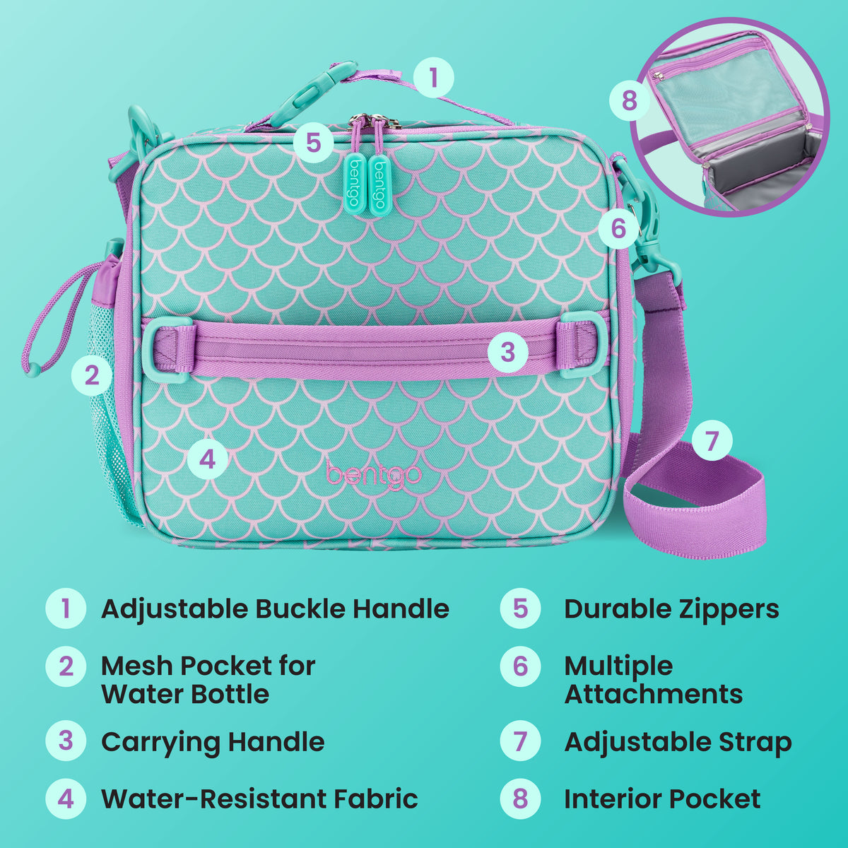 Bentgo® Kids Prints Lunch Bag - Mermaid Scales | Adjustable Buckle Handle, Mesh Pocket for Water Bottle, Carrying Handle, Water-Resistant Fabric, Durable Zippers, Multiple Attachments, Adjustable Strap, and Interior Pocket
