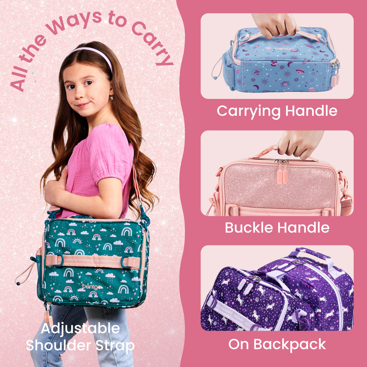 Bentgo® Kids Prints Lunch Bag - Petal Pink Glitter | All The Ways To Carry - Carrying Handle, Buckle Handle, and On Backpack