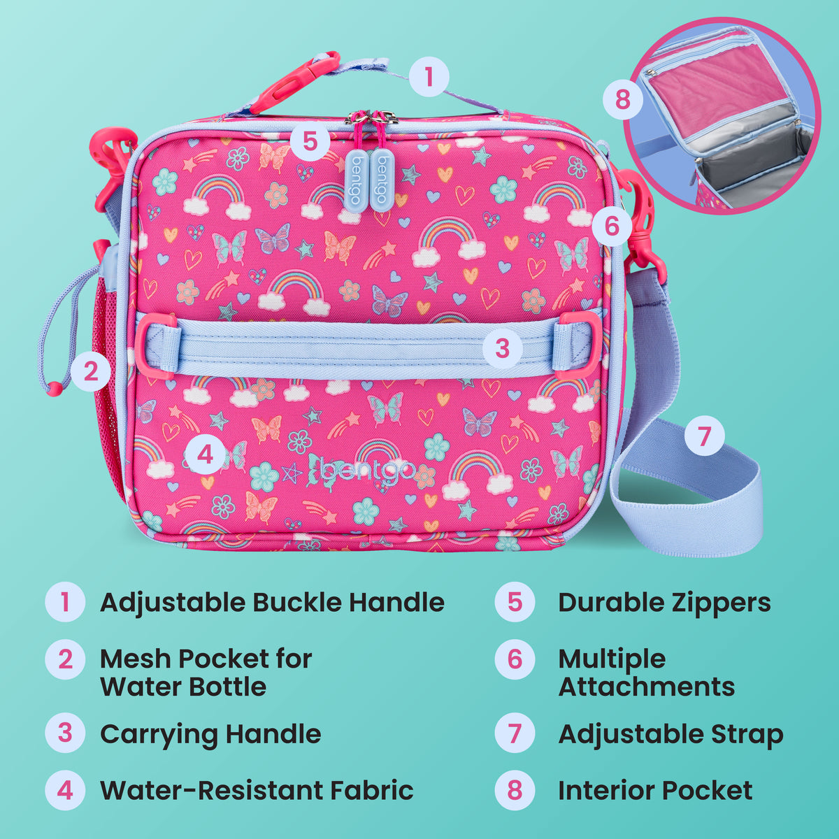 Bentgo® Kids Prints Lunch Bag - Rainbows and Butterflies | Adjustable Buckle Handle, Mesh Pocket for Water Bottle, Carrying Handle, Water-Resistant Fabric, Durable Zippers, Multiple Attachments, Adjustable Strap, and Interior Pocket