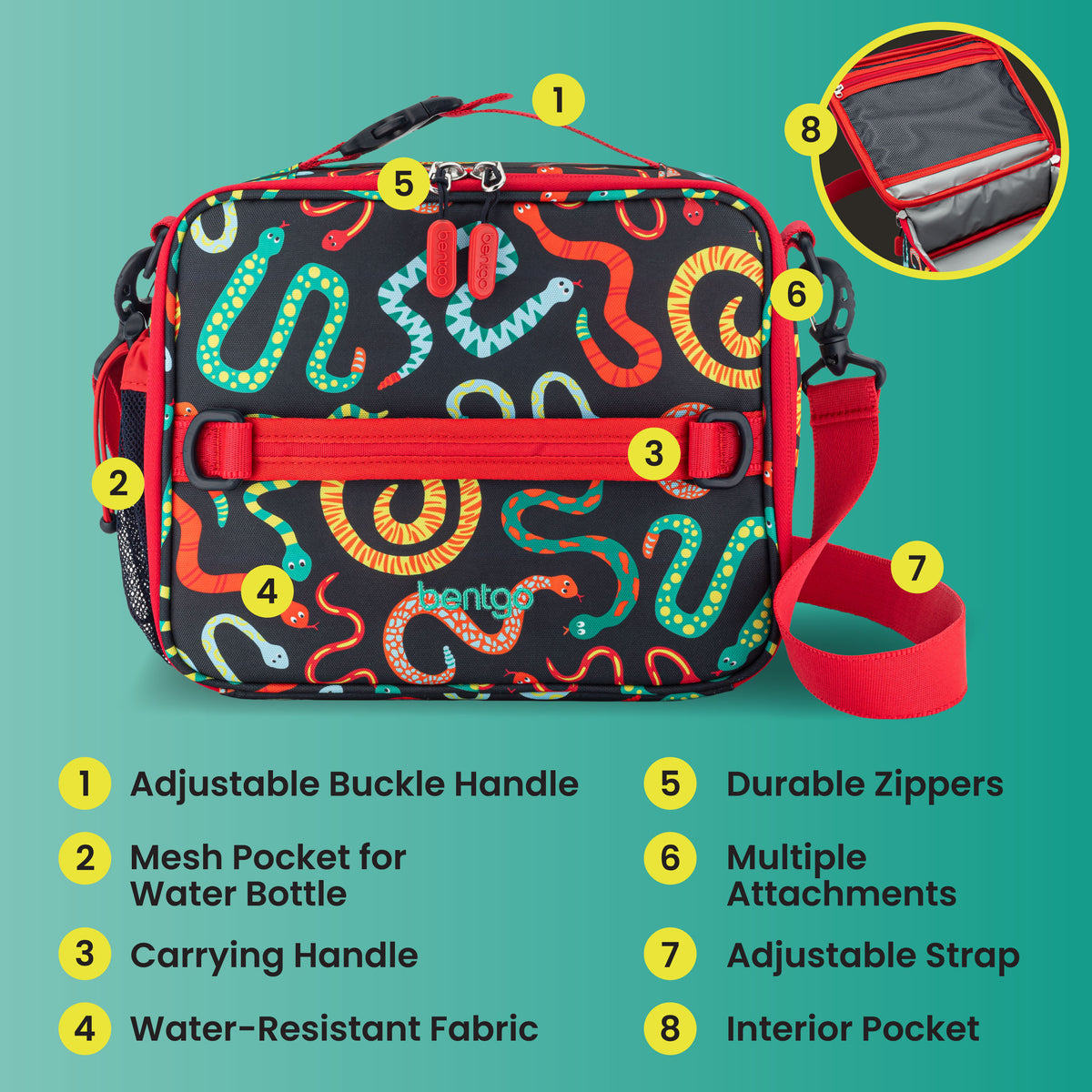 Bentgo® Kids Prints Lunch Bag - Sssnakes | Adjustable Buckle Handle, Mesh Pocket for Water Bottle, Carrying Handle, Water-Resistant Fabric, Durable Zippers, Multiple Attachments, Adjustable Strap, and Interior Pocket