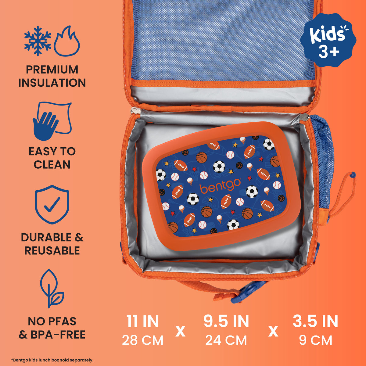 Bentgo® Kids Prints Lunch Bag - Sports | Premium Insulation, Easy To Clean, Durable & Reusable, and No PFAs & BPA-Free | Product Dimensions