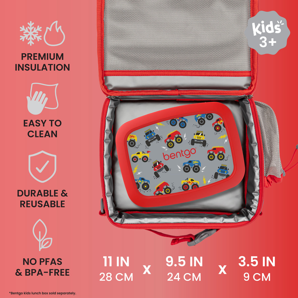 Bentgo® Kids Prints Lunch Bag - Trucks | Premium Insulation, Easy To Clean, Durable & Reusable, and No PFAs & BPA-Free | Product Dimensions
