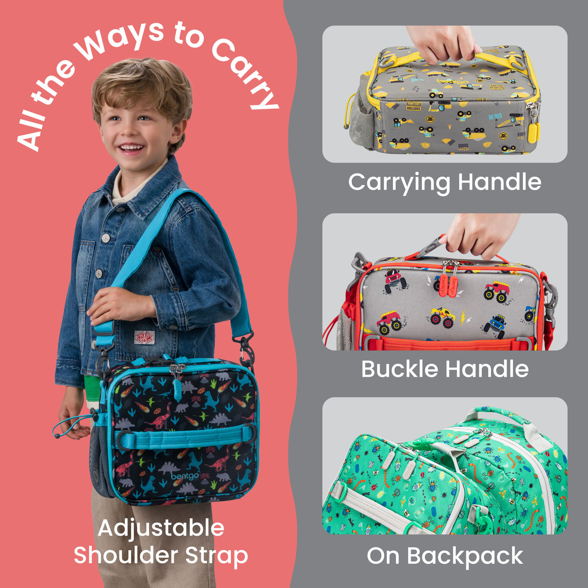 Bentgo® Kids Prints Lunch Bag - Trucks | All The Ways To Carry - Carrying Handle, Buckle Handle, and On Backpack