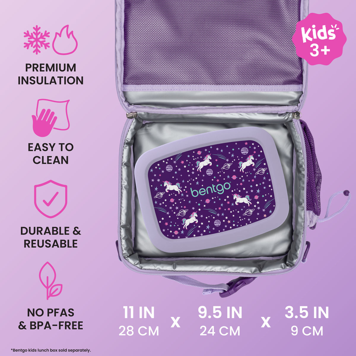 Bentgo® Kids Prints Lunch Bag - Unicorn | Premium Insulation, Easy To Clean, Durable & Reusable, and No PFAs & BPA-Free | Product Dimensions