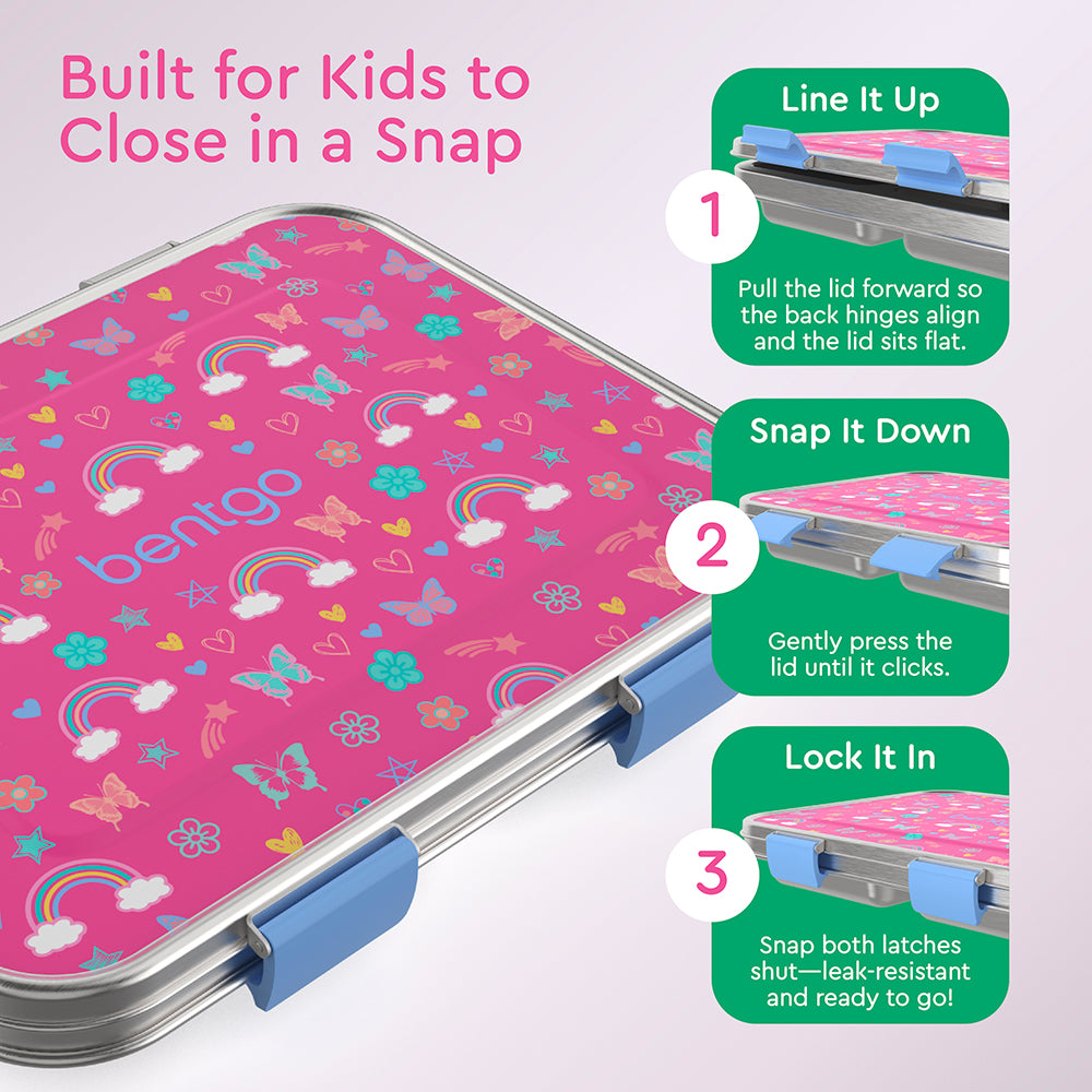 Bentgo® Kids Stainless Steel Prints Lunch Box - Rainbows and Butterflies | Built for Kids to Close in a Snap | Line It Up, Snap It Down, and Lock It In