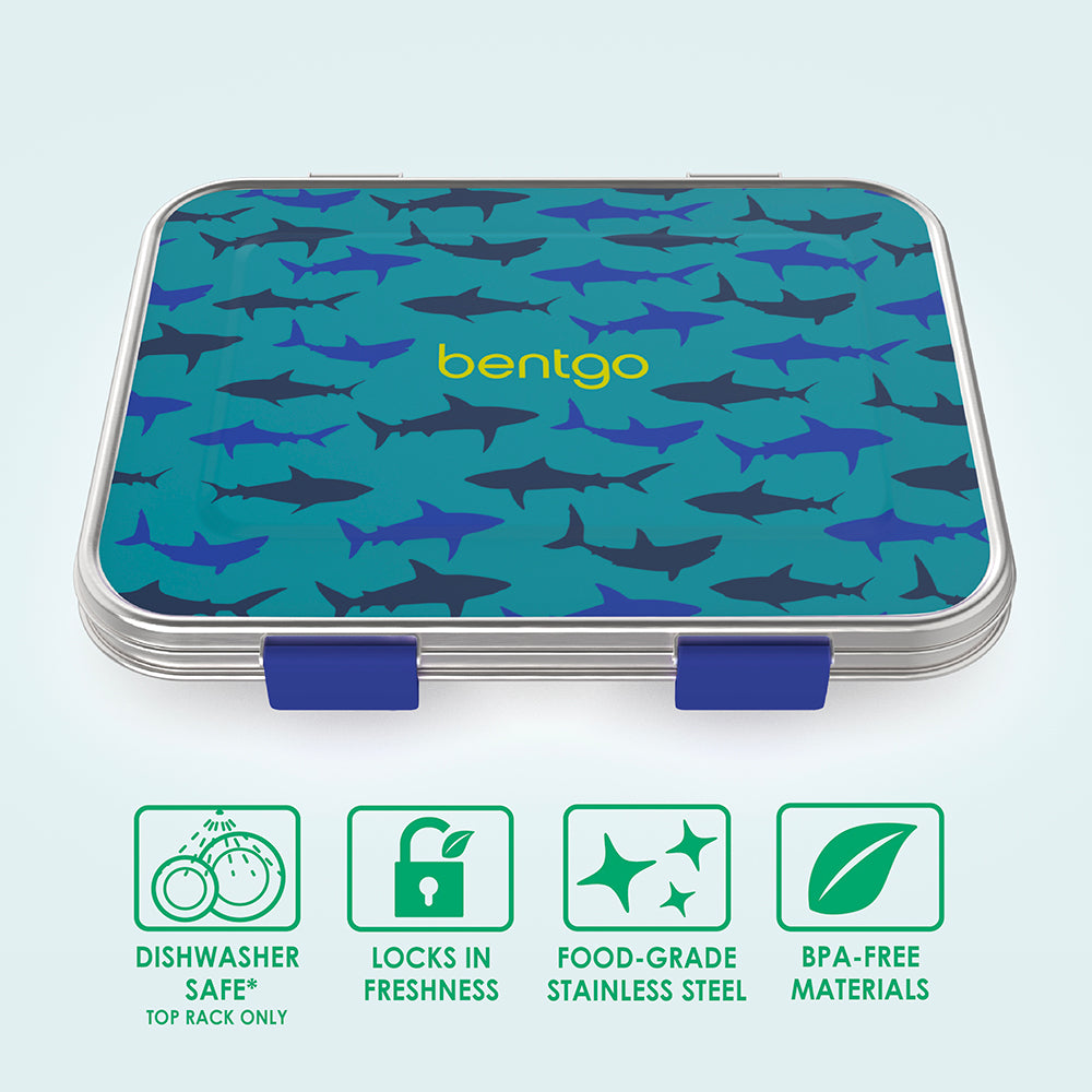 Bentgo® Kids Stainless Steel Prints Lunch Box - Sharks | Dishwasher Safe (Top Rack Only), Locks In Freshness, Food-Grade Stainless Steel, And Made With BPA-Free Materials