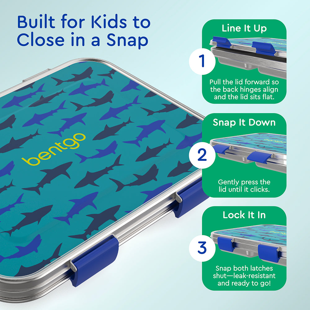 Bentgo® Kids Stainless Steel Prints Lunch Box - Sharks | Built for Kids to Close in a Snap | Line It Up, Snap It Down, and Lock It In