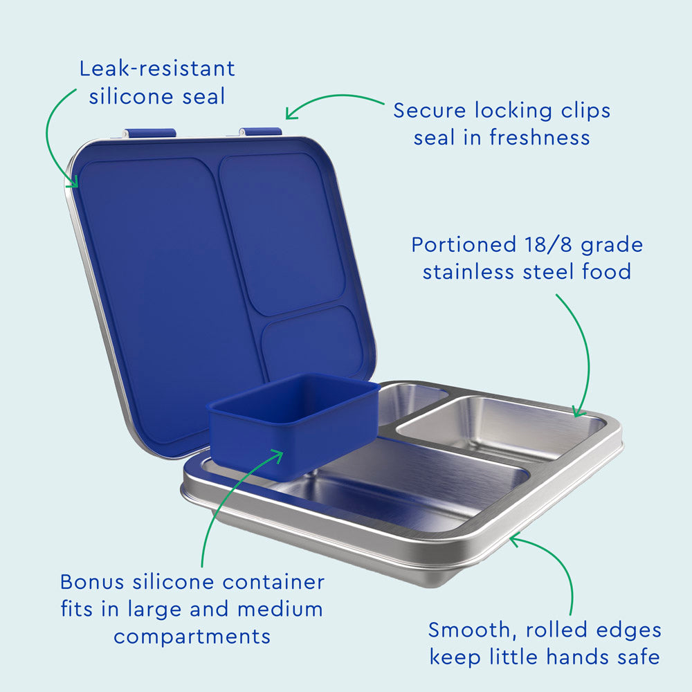 Bentgo® Kids Stainless Steel Prints Lunch Box - Sharks | Leak-Resistant Silicone Seal, Secure Locking Clips Seal In Freshness, Portioned 18/8 Grade Stainless Steel Food, Bonus Silicone Container Fits In Large And Medium Compartments, And Smooth, Rolled Edges Keep Little Hands Safe