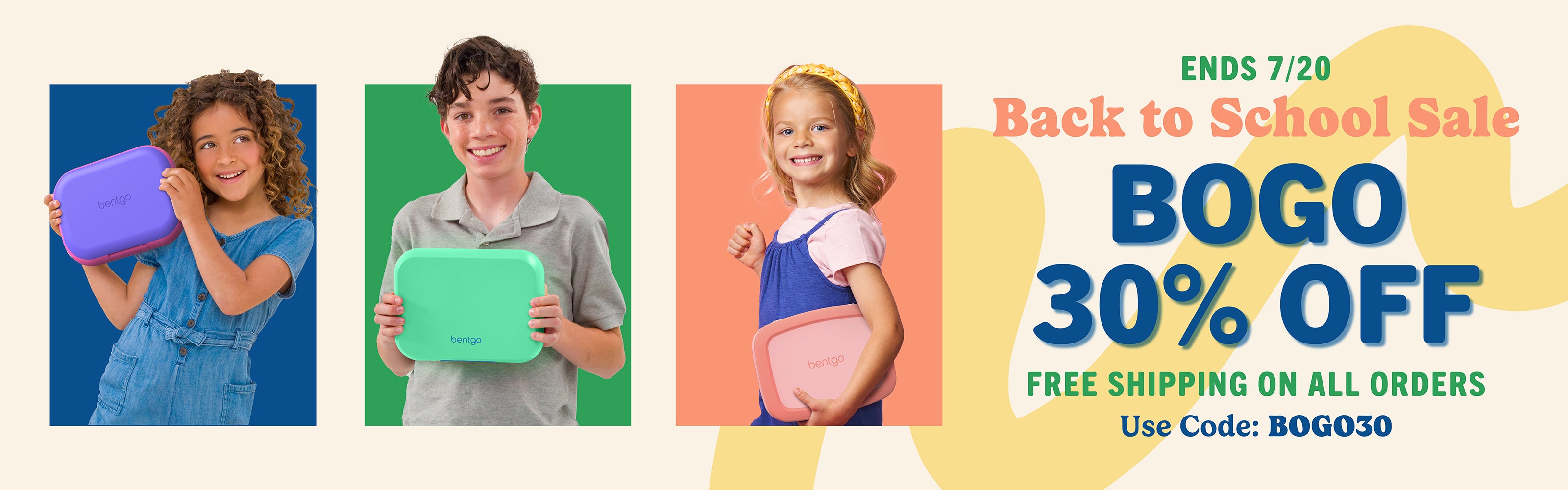 Promotional banner for a Back to School sale with children holding school supplies and BOGO 30% off offer.