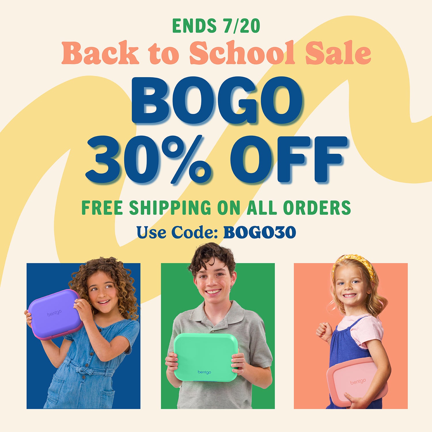 Back to School Sale advertisement with children holding lunch boxes and promotional text.