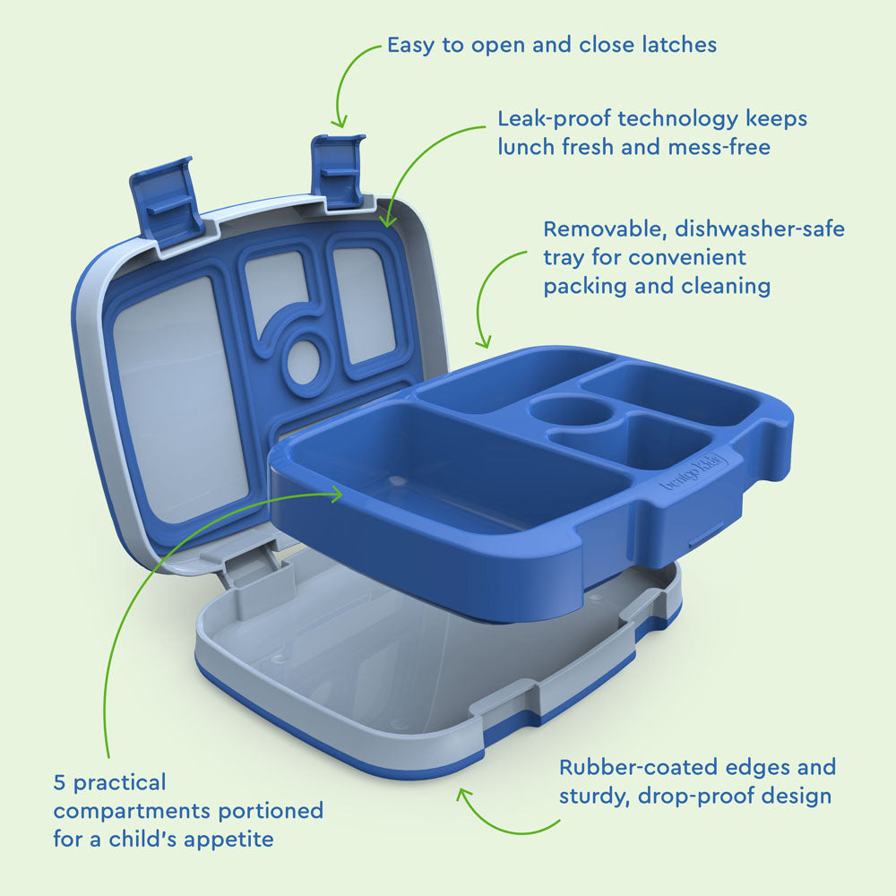 Bentgo® Kids Lunch Box (2-Pack) - Blue | Kids Lunch Box Features Include Easy To Open And Close Latches, Leak-Proof Technology Keeps Lunch Fresh And Mess-Free, And Rubber-Coated Edges And Sturdy, Drop-Proof Design