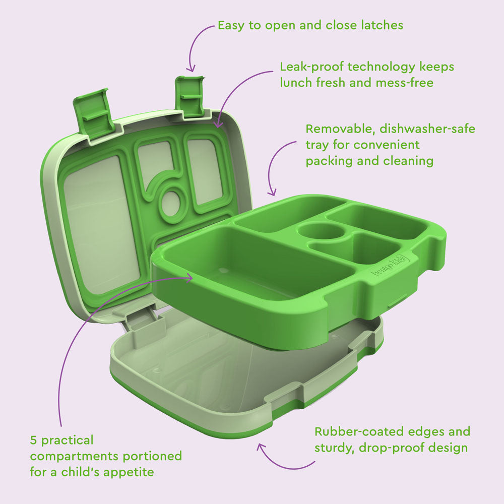 Bentgo® Kids Lunch Box (2-Pack) - Green | Kids Lunch Box Features Include Easy To Open And Close Latches, Leak-Proof Technology Keeps Lunch Fresh And Mess-Free, And Rubber-Coated Edges And Sturdy, Drop-Proof Design