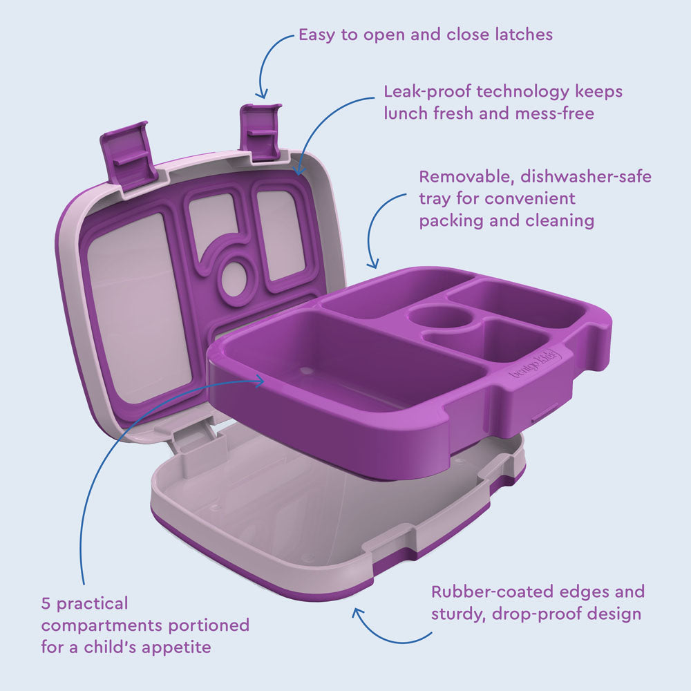 Bentgo® Kids Lunch Box (2-Pack) - Purple | Kids Lunch Box Features Include Easy To Open And Close Latches, Leak-Proof Technology Keeps Lunch Fresh And Mess-Free, And Rubber-Coated Edges And Sturdy, Drop-Proof Design