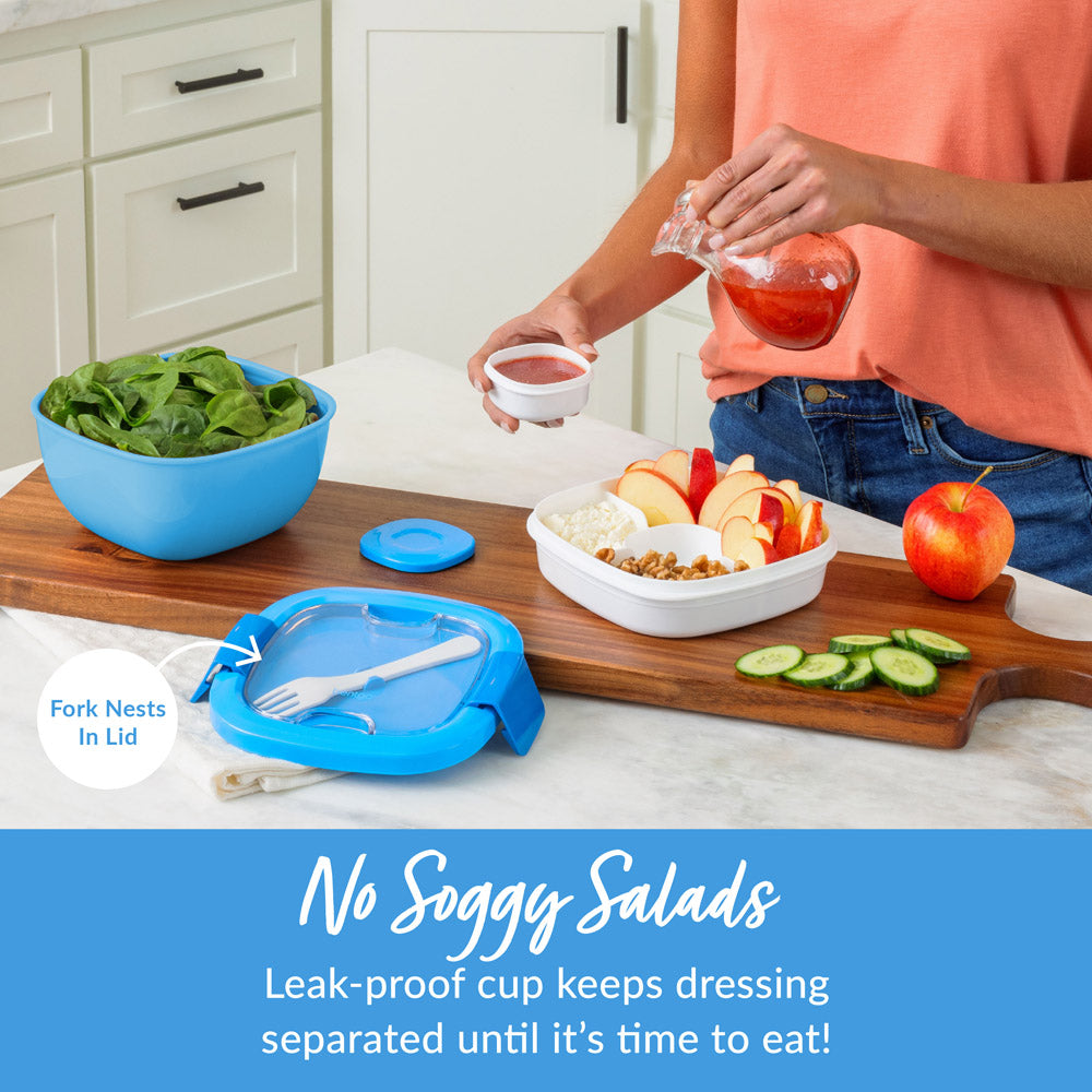 Bentgo® Salad Container (2-Pack)  - Blue | No Soggy Salads - Leak-Proof Cup Keeps Dressing Separated Until It’s Time To Eat!