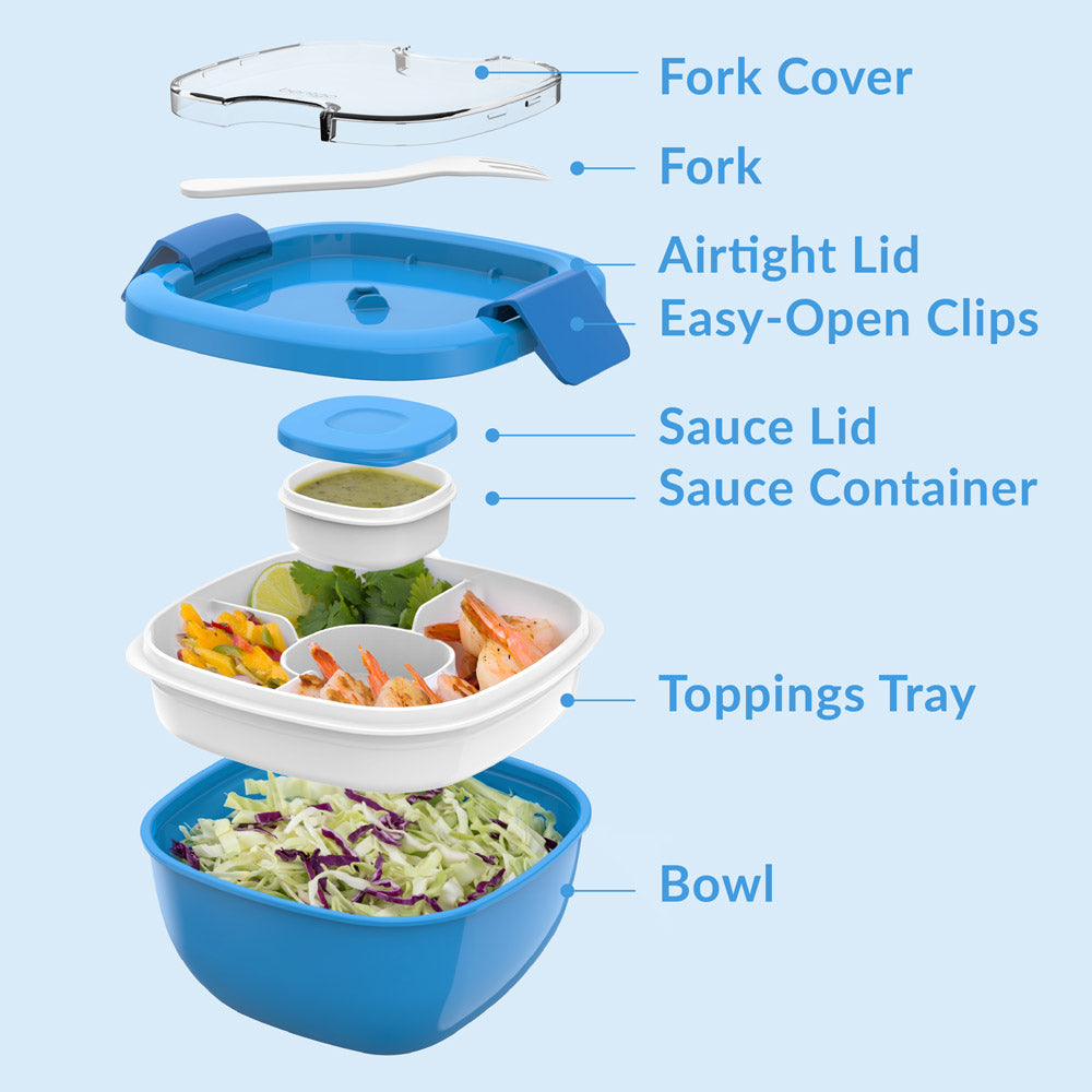 Bentgo® Salad Container (2-Pack)  - Blue | Includes Fork Cover, Fork, Airtight Lid, Easy-Open Clips, Sauce Lid, Sauce Container, Toppings Tray, And Bowl
