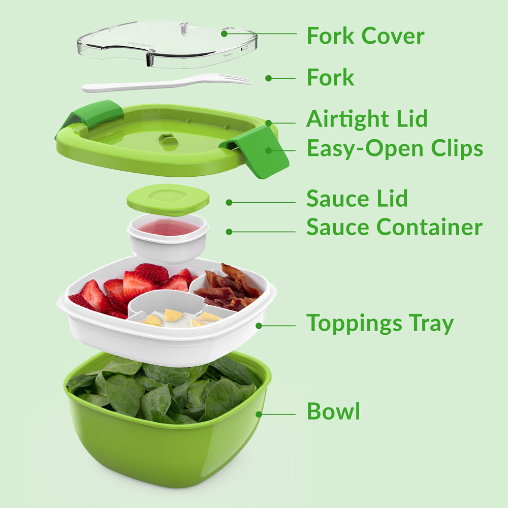 Bentgo® Salad Container (2-Pack)  - Green | Includes Fork Cover, Fork, Airtight Lid, Easy-Open Clips, Sauce Lid, Sauce Container, Toppings Tray, And Bowl