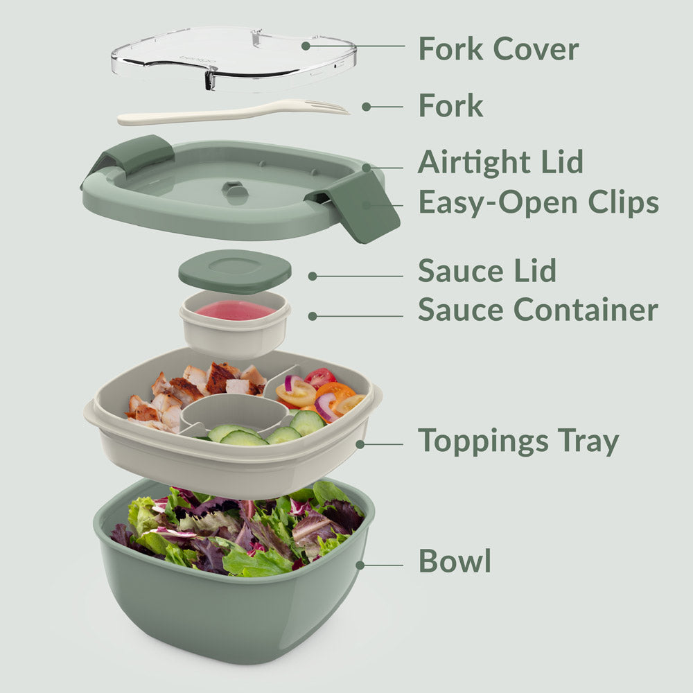 Bentgo® Salad Container (2-Pack)  - Khaki Green | Includes Fork Cover, Fork, Airtight Lid, Easy-Open Clips, Sauce Lid, Sauce Container, Toppings Tray, And Bowl