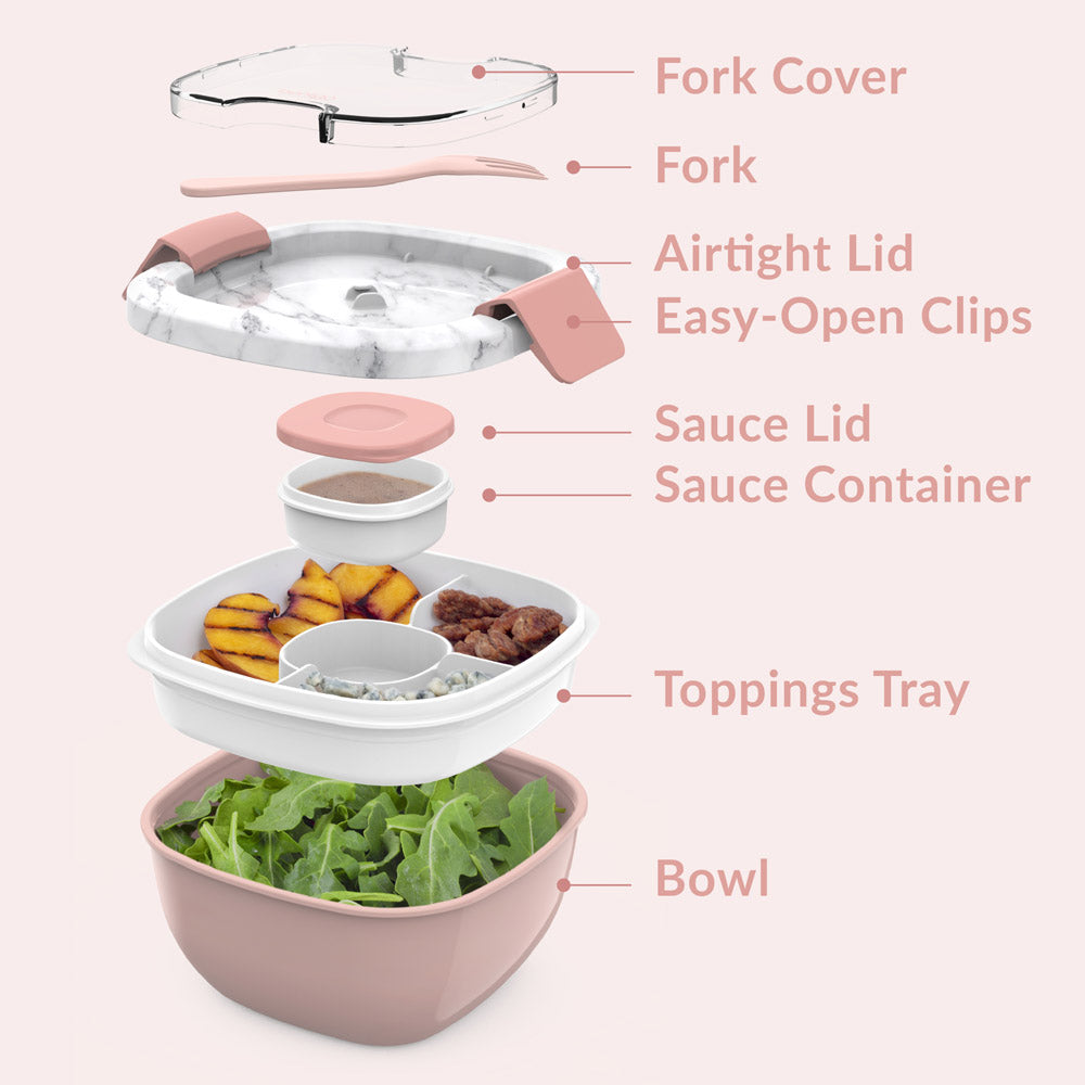 Bentgo® Salad Container (2-Pack)  - Blush Marble | Includes Fork Cover, Fork, Airtight Lid, Easy-Open Clips, Sauce Lid, Sauce Container, Toppings Tray, And Bowl