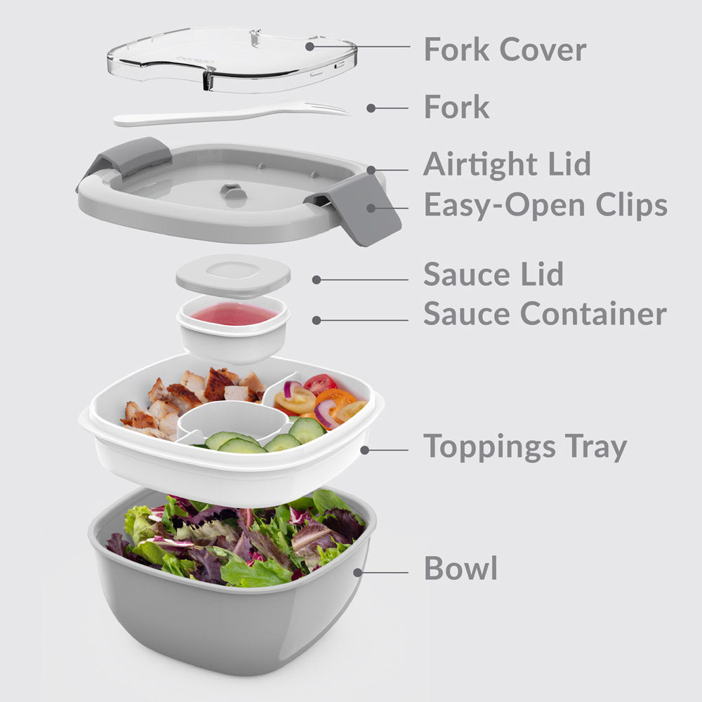 Bentgo® Salad Container (2-Pack)  - Gray | Includes Fork Cover, Fork, Airtight Lid, Easy-Open Clips, Sauce Lid, Sauce Container, Toppings Tray, And Bowl
