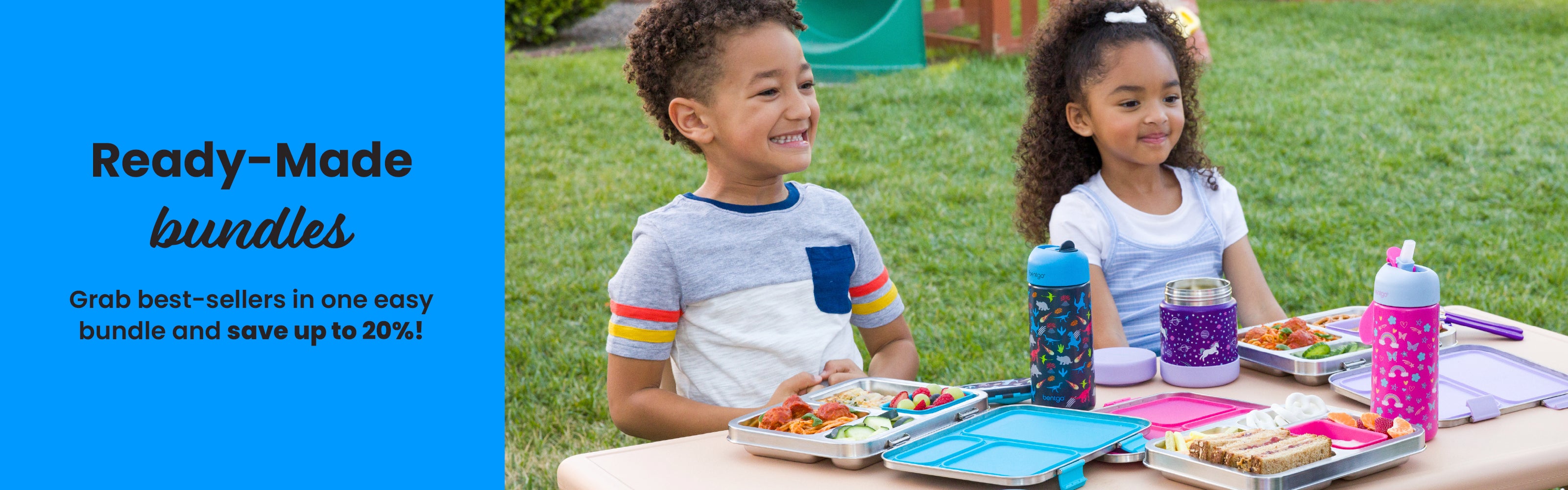 Two children sitting at a picnic table with snacks and drinks, promotional text on a blue sidebar.