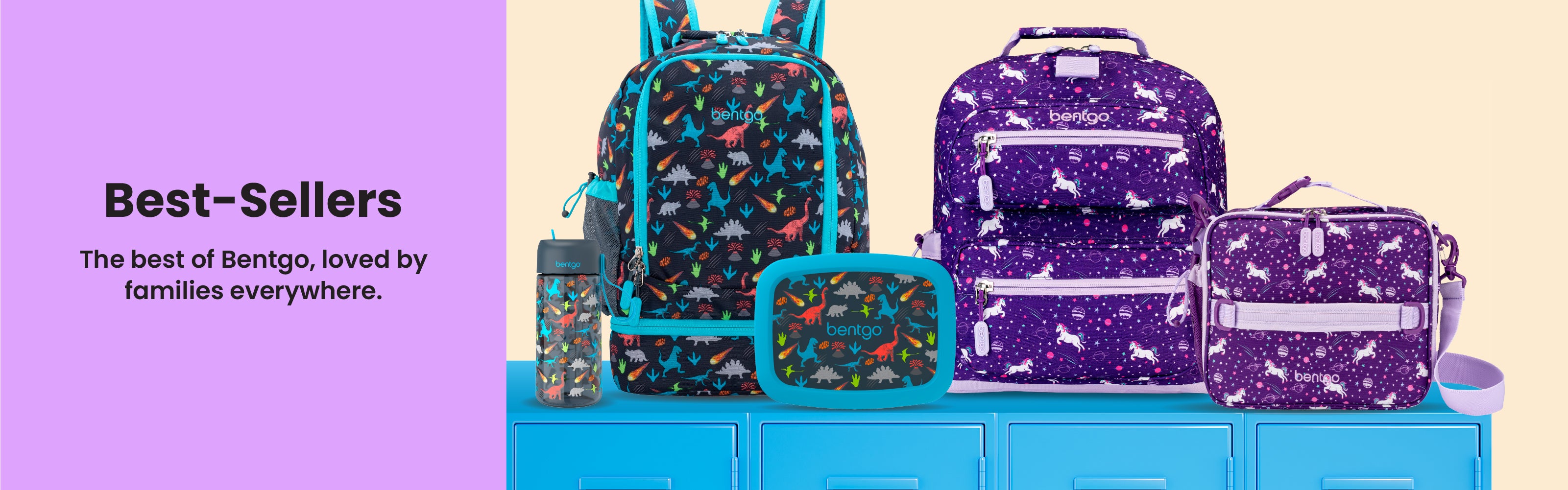 Collection of colorful backpacks and lunch boxes on a blue surface with a purple accent.