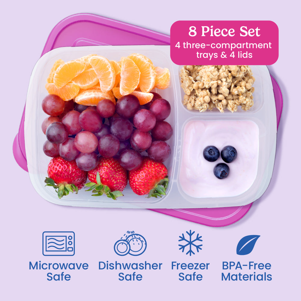 Bentgo® Easyboxes 3-Compartment Food Containers 8-Piece Set - Brights | 8-Piece Set with 4 three-compartment trays & 4 lids. Microwave safe, dishwasher safe, freezer safe, and made with BPA-free materials