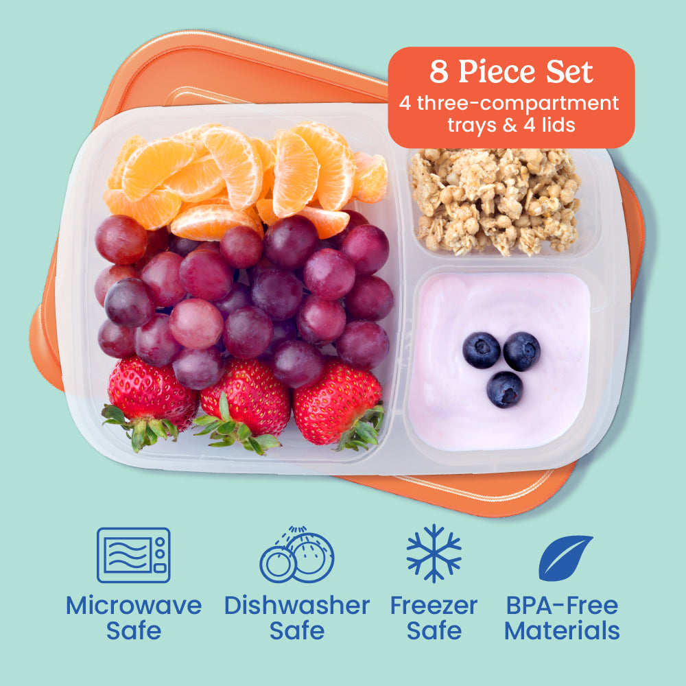 Bentgo® Easyboxes 3-Compartment Food Containers 8-Piece Set - Classic | 8-Piece Set with 4 three-compartment trays & 4 lids. Microwave safe, dishwasher safe, freezer safe, and made with BPA-free materials