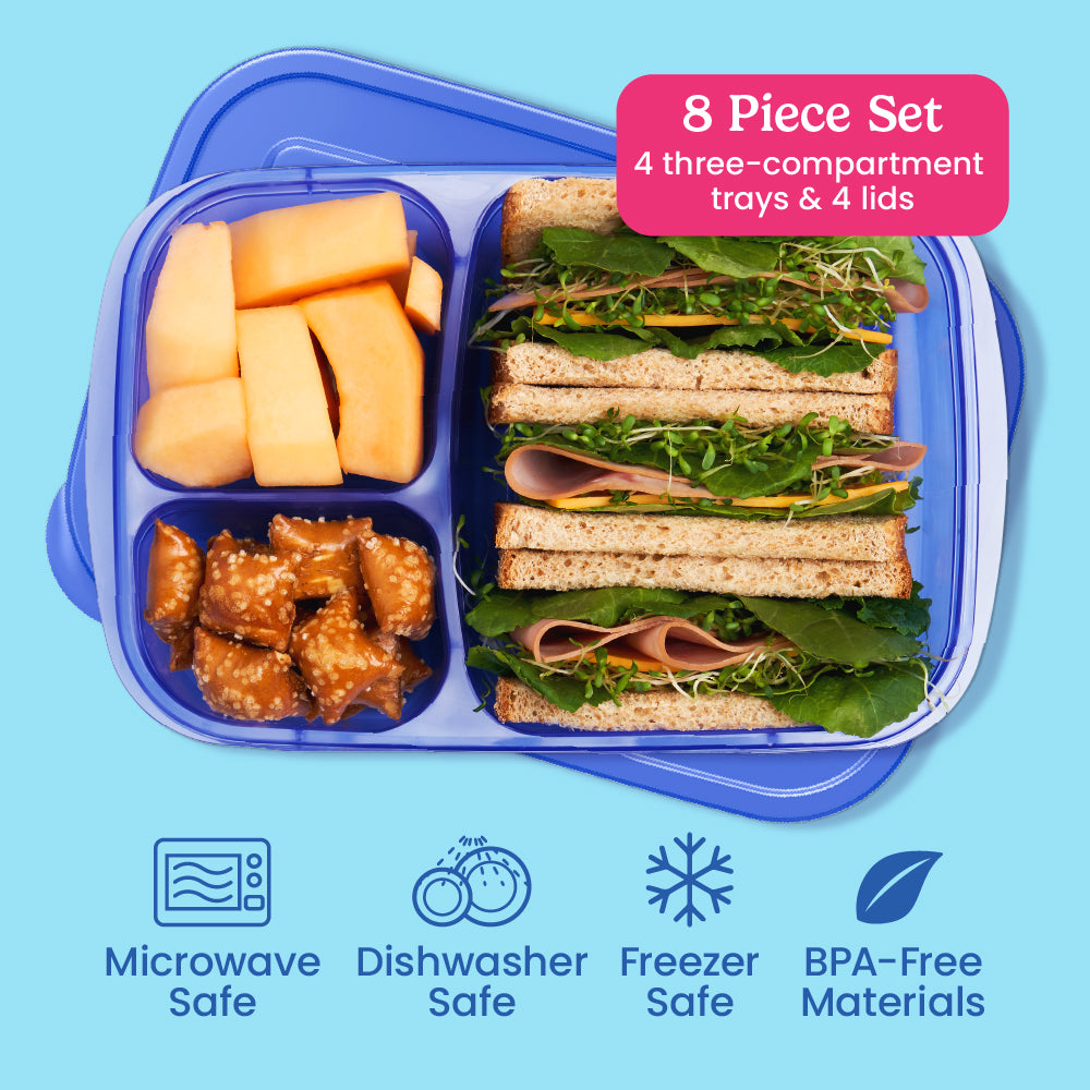 Bentgo® Easyboxes 3-Compartment Food Containers 8-Piece Set - Jewel Brights | 8-Piece Set with 4 three-compartment trays & 4 lids. Microwave safe, dishwasher safe, freezer safe, and made with BPA-free materials