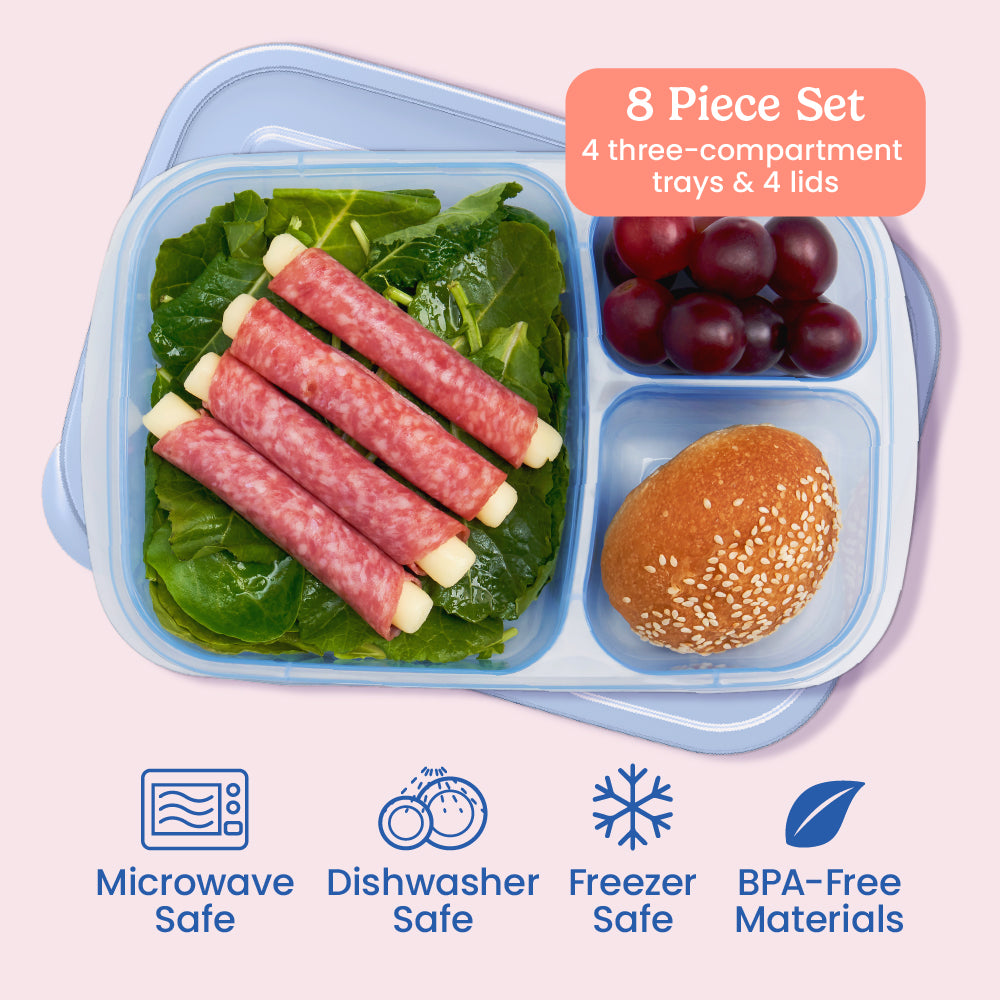 Bentgo® Easyboxes 3-Compartment Food Containers 8-Piece Set - Pastels | 8-Piece Set with 4 three-compartment trays & 4 lids. Microwave safe, dishwasher safe, freezer safe, and made with BPA-free materials