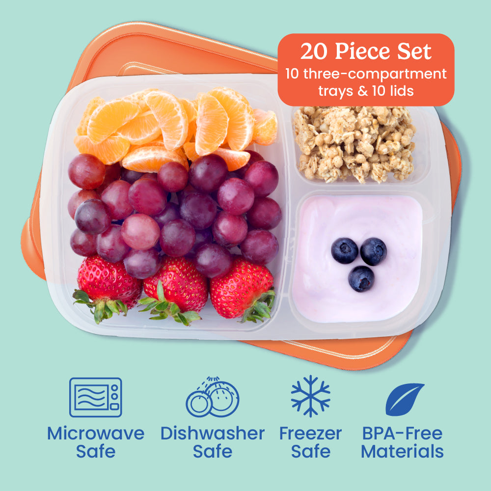 Bentgo® Easyboxes 3-Compartment Food Containers 20-Piece Set - Classic | 20-Piece Set with 10 three-compartment trays & 10 lids. Microwave safe, dishwasher safe, freezer safe, and made with BPA-free materials