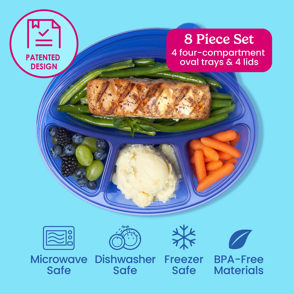 Bentgo Easyboxes™ 4-Compartment Oval Containers 8-Piece Set - Jewel Brights | 8 Piece Set with 4 four-compartment oval trays & 4 lids. Microwave safe, dishwasher safe, freezer safe, and made with BPA-free materials