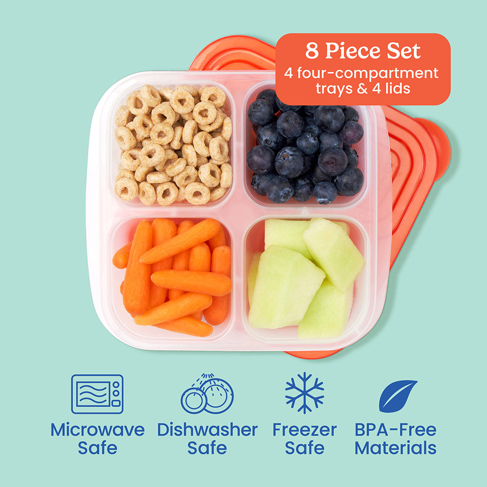 Bentgo® Easyboxes 4-Compartment Snack Containers 8-Piece Set - Classic | 8 Piece Set with 4 four-compartment trays & 4 lids. Microwave safe, dishwasher safe, freezer safe, and made with BPA-free materials