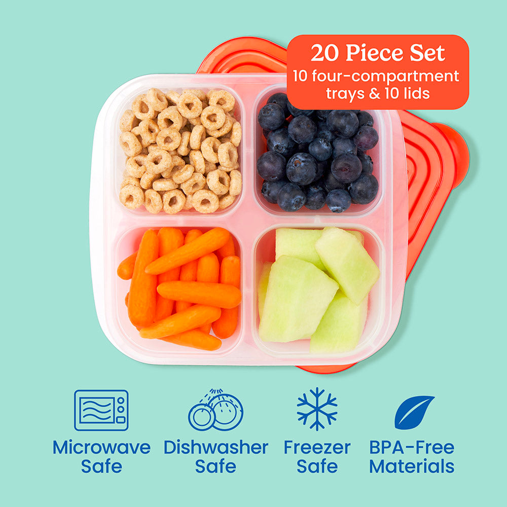 Bentgo® Easyboxes 4-Compartment Snack Containers 20-Piece Set - Classic | 20-Piece Set with 10 four-compartment trays & 10 lids. Microwave safe, dishwasher safe, freezer safe, and made with BPA-free materials