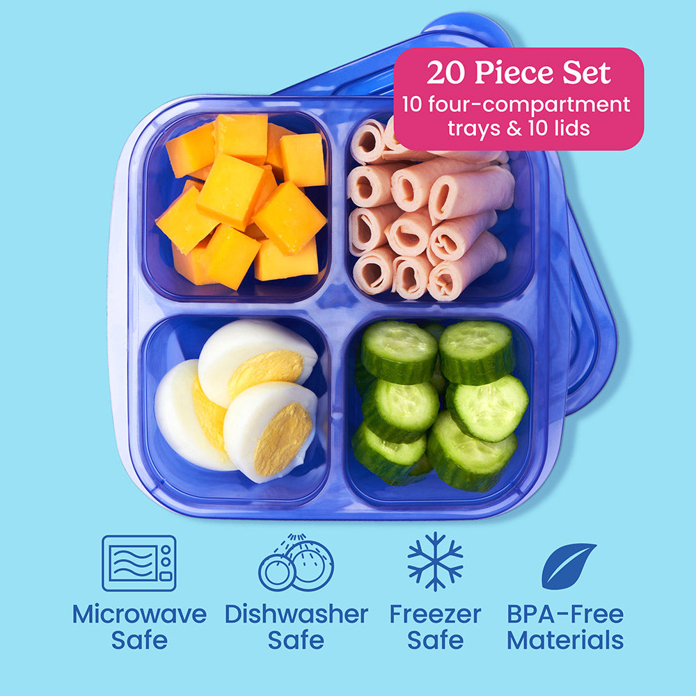 Bentgo® Easyboxes 4-Compartment Snack Containers 20-Piece Set - Jewel Brights | 20-Piece Set with 10 four-compartment trays & 10 lids. Microwave safe, dishwasher safe, freezer safe, and made with BPA-free materials