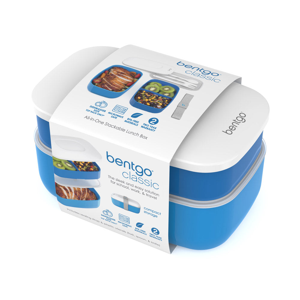 Bentgo Classic Stackable Bento Lunch Box Container Set With Utensils Blue