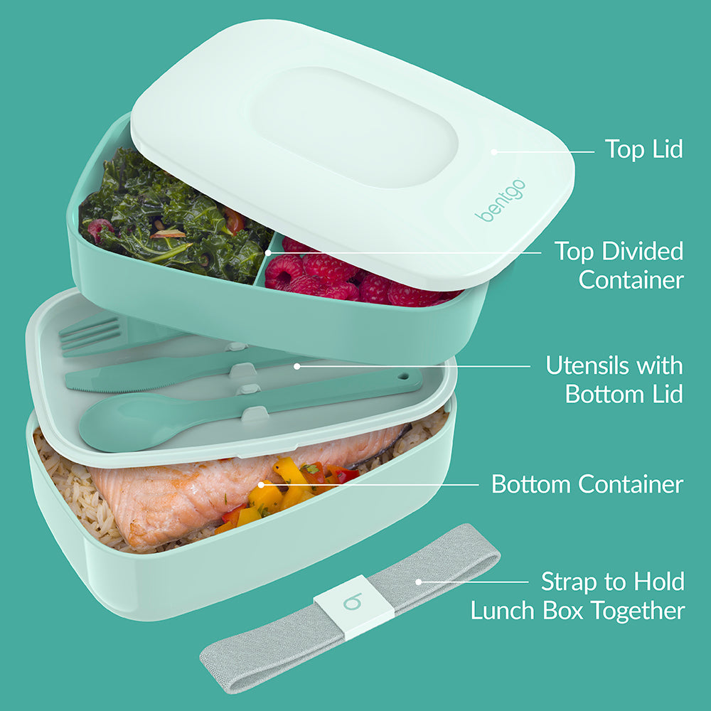 Bentgo® Classic Lunch Box - Coastal Aqua | Includes Top Lid, Top Divided Container, Utensils with Bottom Lid, Bottom Container, And Strap to Hold Lunch Box Together