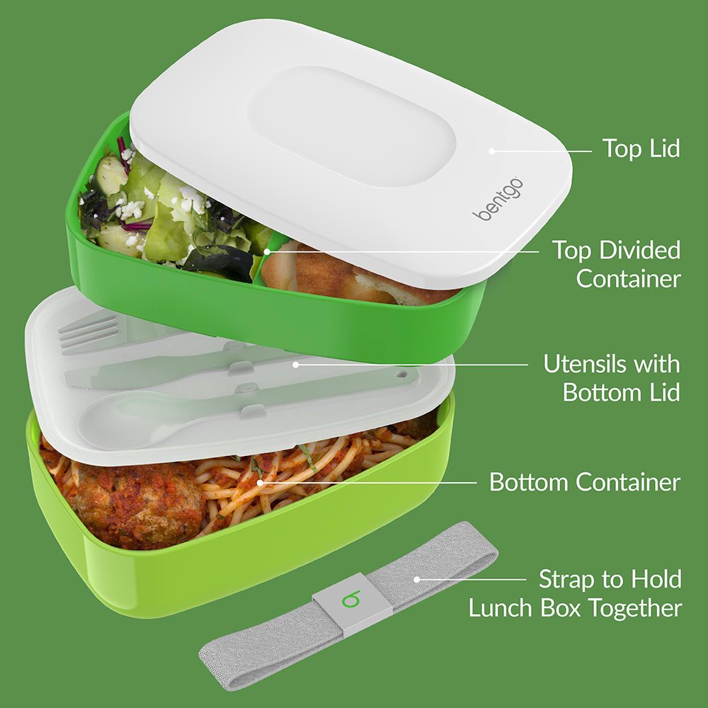 Bentgo® Classic Lunch Box - Green | Includes Top Lid, Top Divided Container, Utensils with Bottom Lid, Bottom Container, And Strap to Hold Lunch Box Together