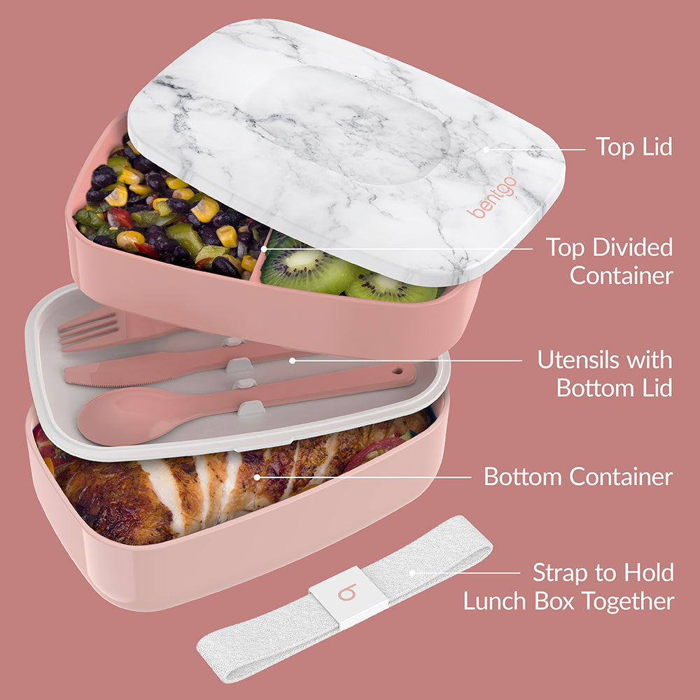 Bentgo® Classic Lunch Box - Blush Marble | Includes Top Lid, Top Divided Container, Utensils with Bottom Lid, Bottom Container, And Strap to Hold Lunch Box Together