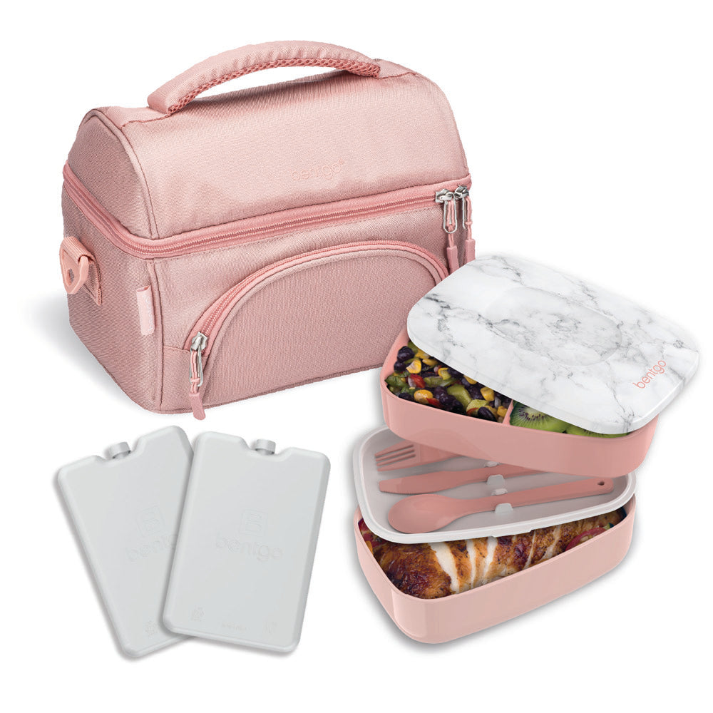 Bentgo 4-Piece Deluxe Set with Insulated Lunch Bag, Ice Packs & Bento Classic (Blush)